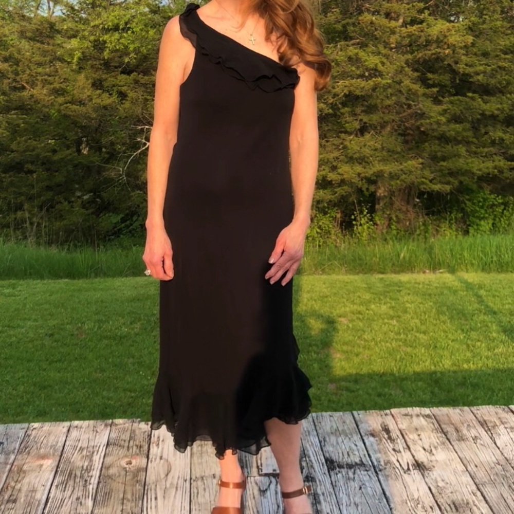 NWT Ralph Lauren Chiffon One Shoulder Ruffle Black Dress